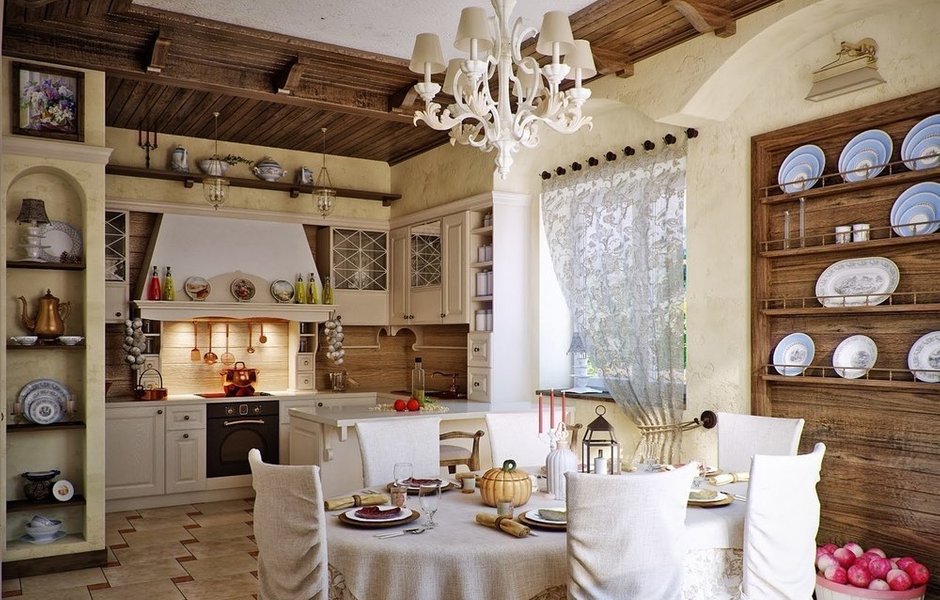 Ремонт кухні в стилі кантрі — підлога, стеля, стіни