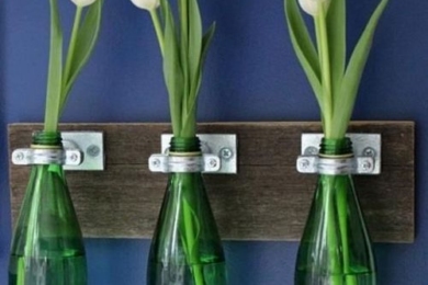 Пляшки прикріплені на поличці як вази
