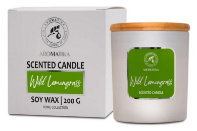 Ароматична соєва свічка Aromatika Wild Lemongrass у матовій склянці з дерев'яною кришкою та упаковкою