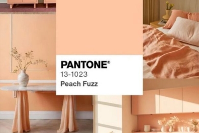 Колаж інтер'єрних рішень у відтінку Peach Fuzz з центральною плашкою кольору Pantone 13-1023